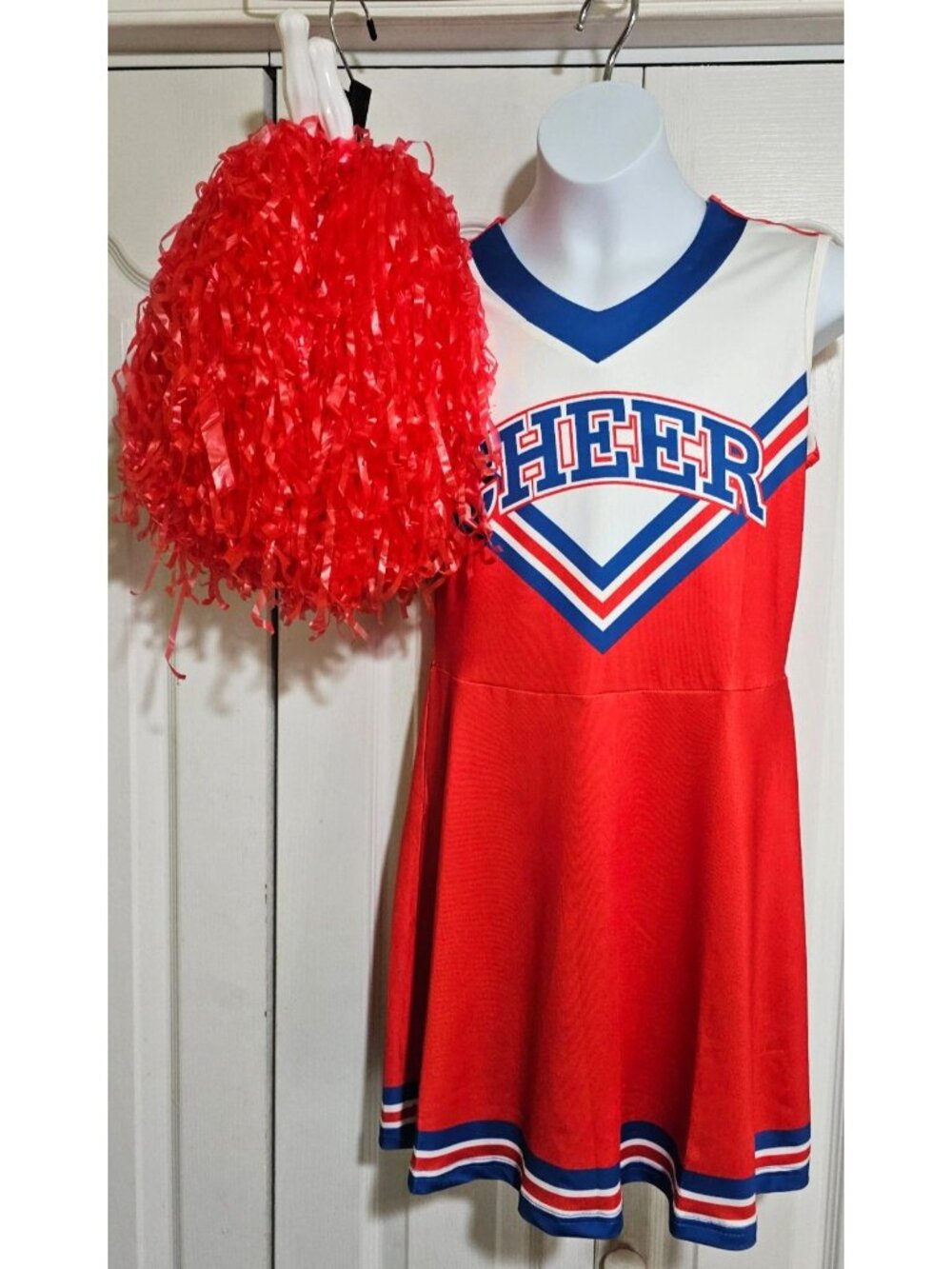 Cheerleader Costume Girls 10-12 Red White Blue Cheer Uniform Pom Poms Halloween